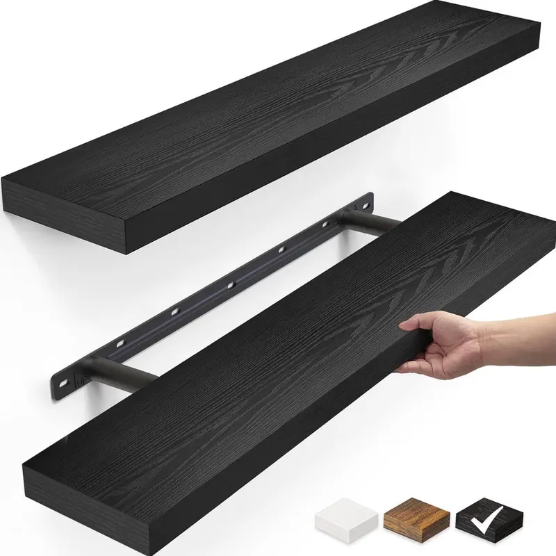22.5-Inch Brown Chic Wooden Floating Shelves (Set of 2) - 4 x T-Type Metal Brackets, Wall Mounted Organizer, Scratch-Resist Top, Durable Easy-Install Rack, Modern Home Decor, Shelves for Bedroom, Kitchen Accessories, Simple Installation