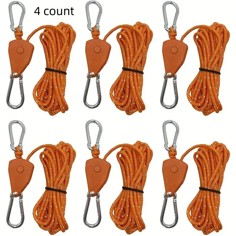 Camping Wind Rope Pulley Tie Downs with Carabiner Clip Guy Ropes, 4-Count Durable Nylon, Ideal for Securing Tents, Canopies