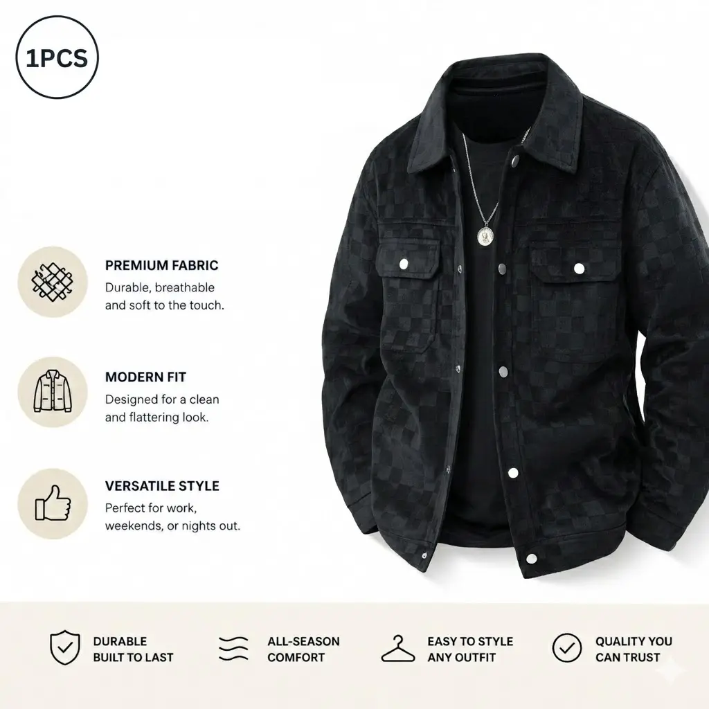 Men’s black patterned suede wool jacket featuring a front flap pocket design and button closure—ideal for autumn outfits. A fashionable, versatile top with refined styling; trendy men’s jacket/top for men.
