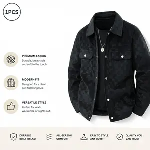 Men’s black patterned suede wool jacket featuring a front flap pocket design and button closure—ideal for autumn outfits. A fashionable, versatile top with refined styling; trendy men’s jacket/top for men.