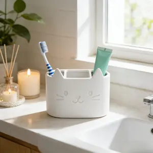Cute Cat Design Decorative Toothbrush Holder Set, Self-Draining Three-Hole Storage Rack, Bathroom Accessories & Decor, Fun Home Organizer