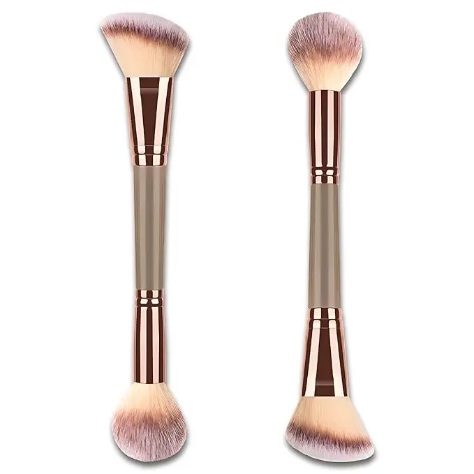 Double-Ended Face Brush - Angled Contoured Foundation, Round Top Buffer for Liquid, Powder & Cream Blending, Brown & Champagne Gold Finish, Contoured Foundation Brush, Buffer Brush Face Brushes