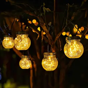 2 Pack Crackle Glass Solar Lantern with 30 LED Firefly Lights– Waterproof Outdoor Hanging Lamp 215% Larger Solar Panel, Anti-Rust Lids Decorative Lighting for Garden Patio Table