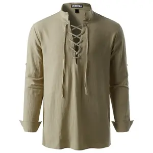 Men’s medieval retro long-sleeve lace-up shirt — Halloween Viking/pirate role-play casual men’s fun shirt, cotton, high quality, beige, V-neck, lace-up collar, rolled-up sleeves GARMENTARY