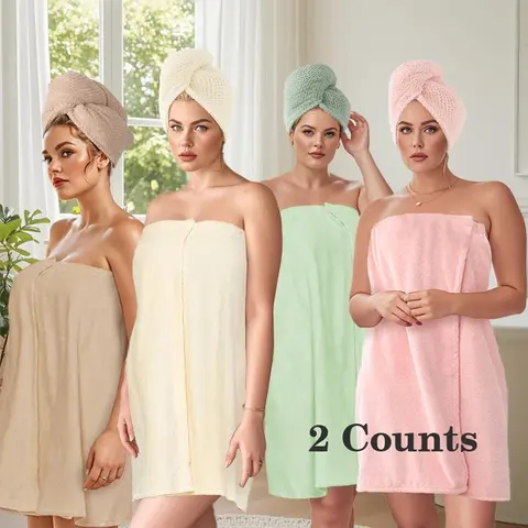 Women's Bow Decor Wearable Bath Towel, 2 Counts/set Soft Comfortable Hair Drying Cap, Adjustable Bath Robe for Home and Travel, Bathroom Towel Set Includes Towel