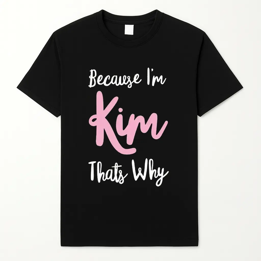 WoGraphic Women's Black 100% Cotton Regular Fit Short-Sleeve Round Neck Tshirt, Breathable Minimalist Streetwear Fabric Clothes with "Because I'm Kim That's Why" Print, Summer Casual Everyday Wear, Y242-Black