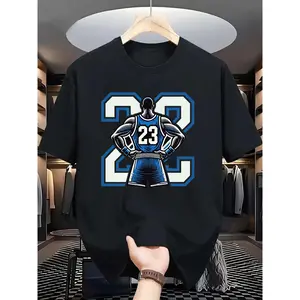 Basketball 23 Jersey Print Mens Black Tshirt 100% Cotton Crewneck Short Sleeve Sports Tee for Summer Spring Casual Gift for Fans Menswear Top Big Blue