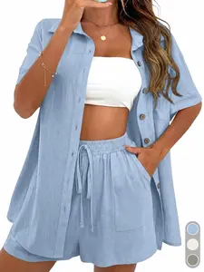 Women's Casual Solid Color Collared Short Sleeve Loungewear Set, Loose Fit Breathable Comfort Stretch Fabric, Ideal for Daily Wear at Home