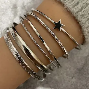 6-piece set of star-shaped open bracelets, fashionable and trendy women's jewelry
