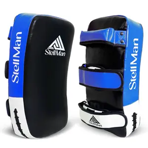 StellMan Curved Muay Thai Kick Pads, Blue Leather Training Pads for MMA, Kickboxing, Made with Durable Leather Material