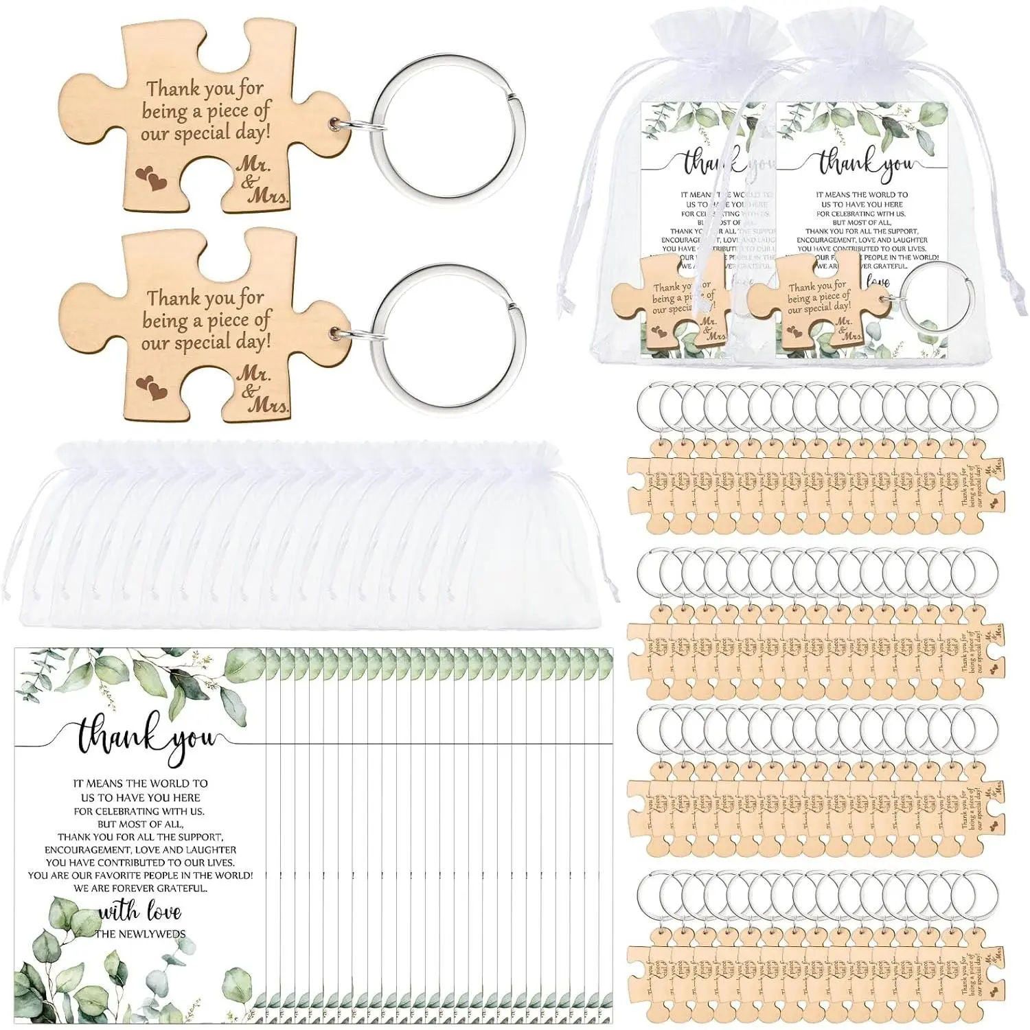 100 Sets Wedding Favors for Guests Rustic  Puzzle  Thank You Card Organza Bag Wedding Party Bridal Shower Souvenir ( )