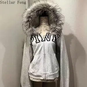 gray velvet thickened hooded sweatshirt jacket for women retro slim hottie design warm zipper jacket Womenswear Tops