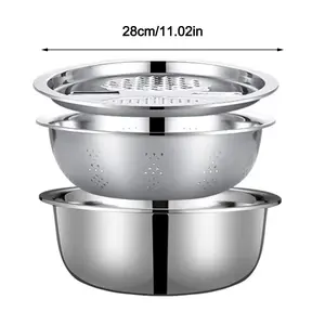 3Pcs/Set 3-In-1 Drain Wash Vegetables Basin with Strainer Sink Bowl Large Capacity Rice Wash Basin with Grater Cover NONE