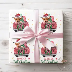 Wrapping Paper, Pink Christmas Truck Highland Cow Design, Farm Gift Wrap, Toddler Baby Holiday Decor, Whimsical Cow Print, Christmas Present