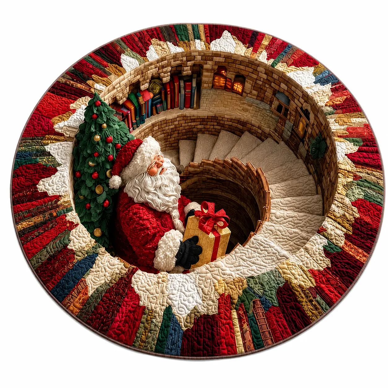 Santa Spiral Staircase 3D Round Rug, Christmas Vortex Optical Illusion Floor Mat, Non Slip Xmas Home Decor, Christmas Gift for Family