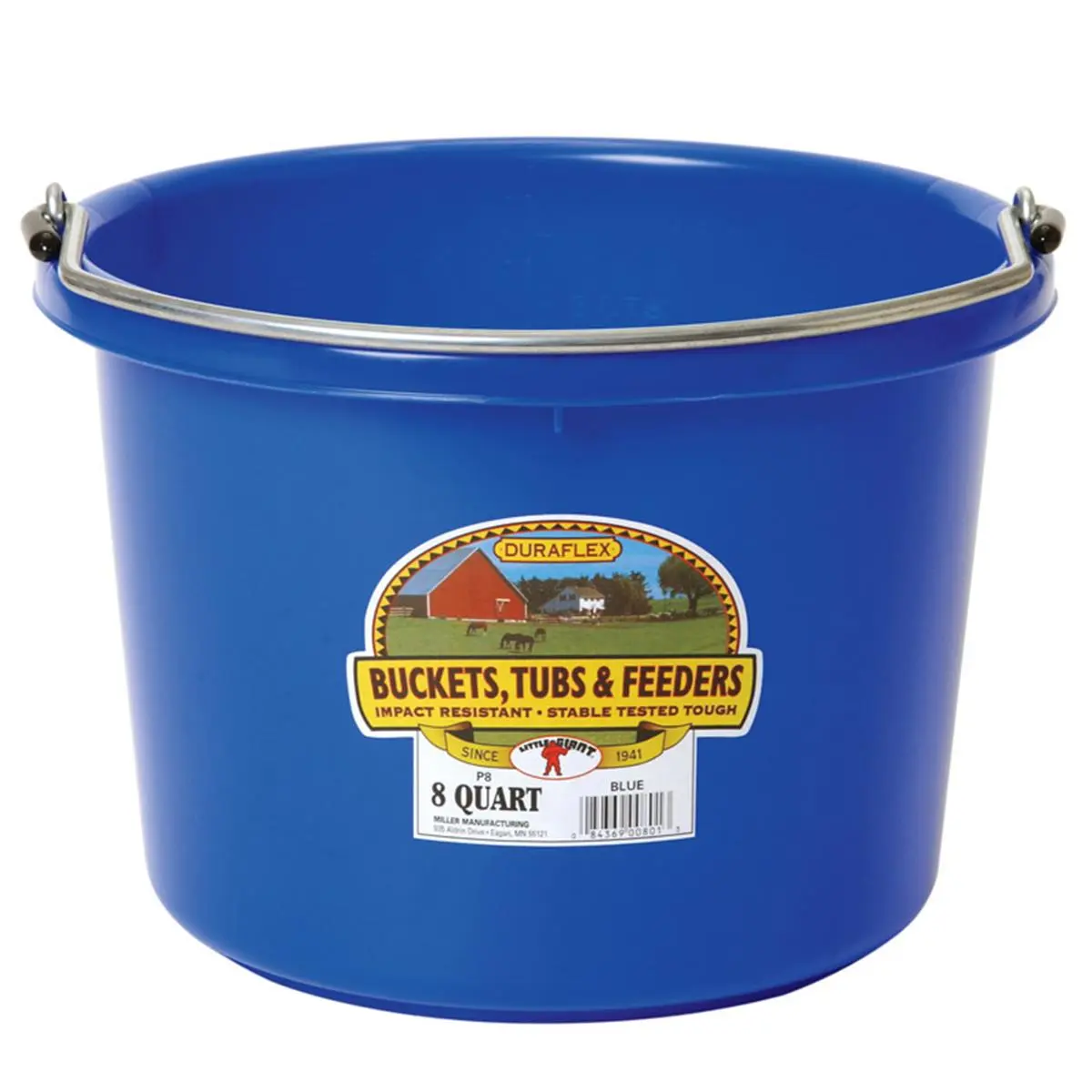 Miller 8 qt. Round Plastic Utility Bucket - 1.2 lbs, Cold Weather Resistant, Reinforced Rubber Industrial Pail for Construction, Farm Use (Blue)