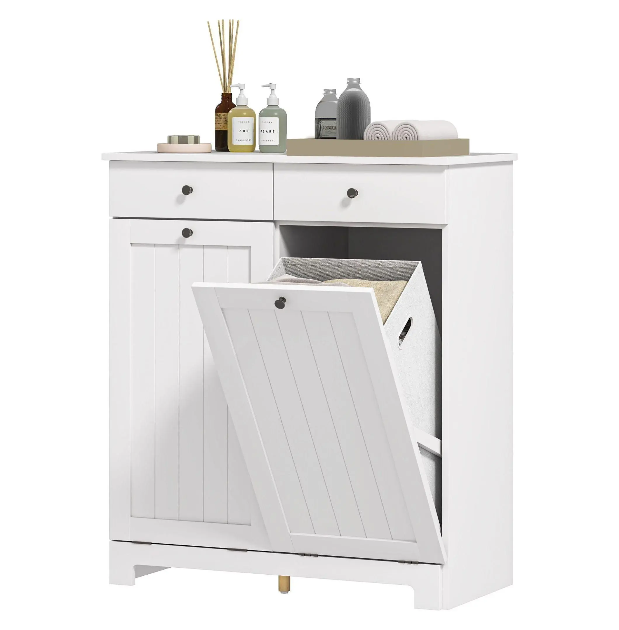Laundry Hamper Cabinet, White - 2 Tilt Baskets & 2 Drawers, Freestanding Default Title