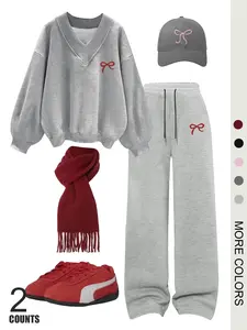 Women's Y2K Style Sweater Set, Bow Print Hoodie & Casual Straight Leg Pants, Oversized Fit, Winter Fashion, Holiday