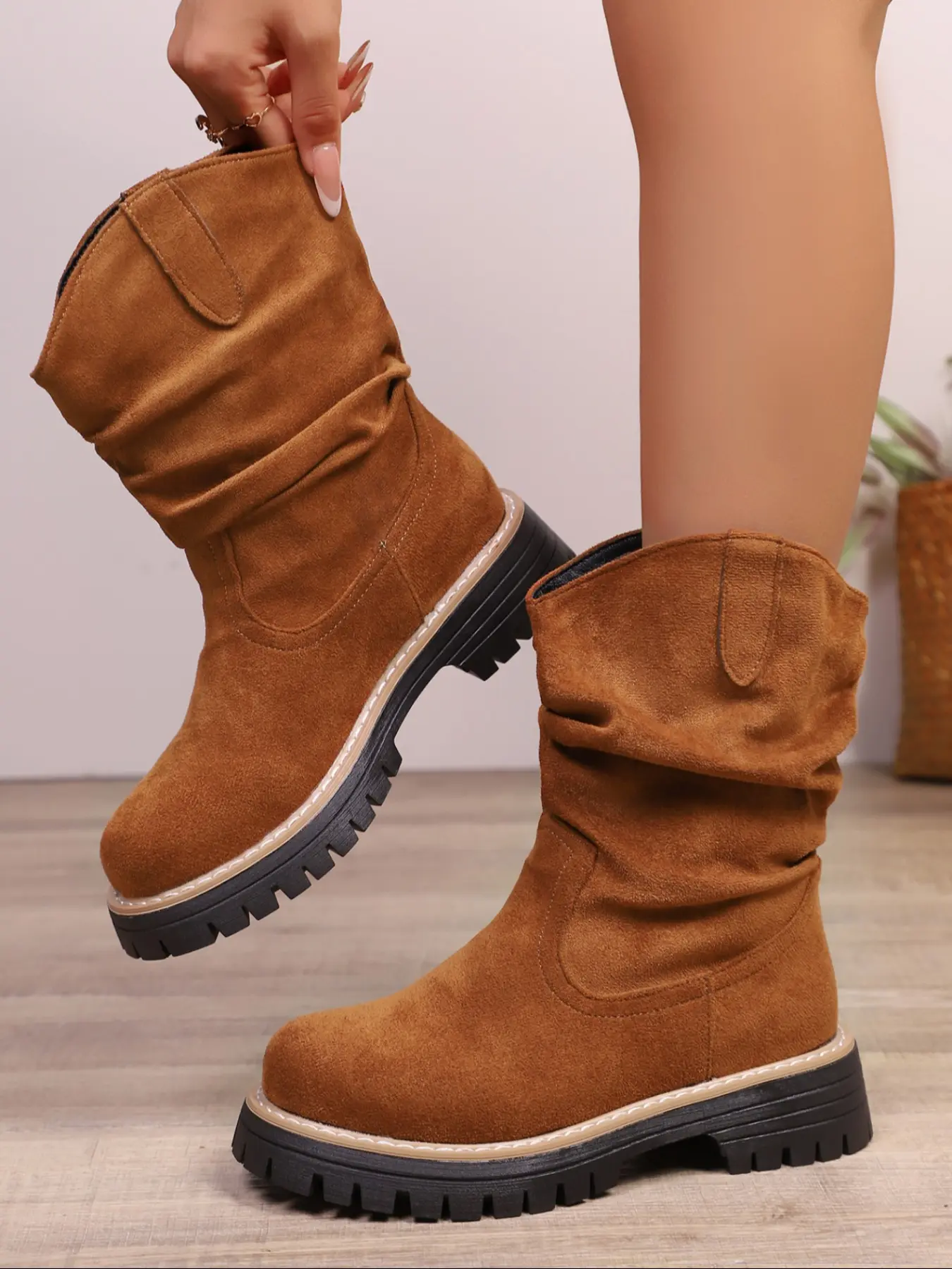 New Autumn Winter Striped Chelsea Style Ruched Boots, Fan Design Ankle Boot, Fashionable Versatile Mid-Calf Boots for Festive Parties, Pull On Boots, Trudge Boots, Footwear