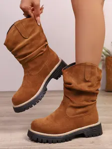New Autumn Winter Striped Chelsea Style Ruched Boots, Fan Design Ankle Boot, Fashionable Versatile Mid-Calf Boots for Festive Parties, Pull On Boots, Footwear