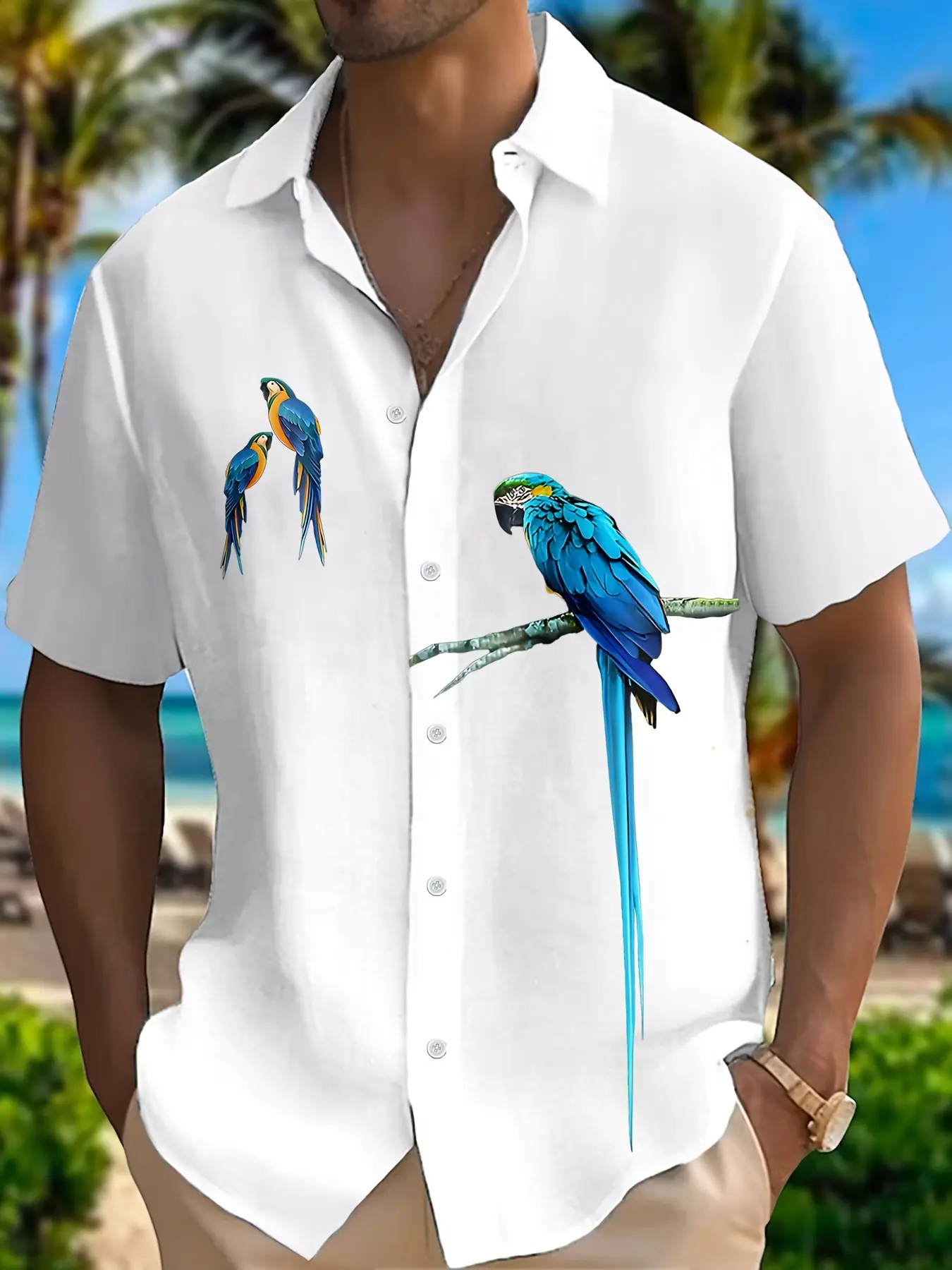 Men's Button-Down Collared Shirt Summer Tropical Hawaiian Shirt Parrot Pattern Short Sleeve Casual Tropical Style Printed Shirt Button Down Top