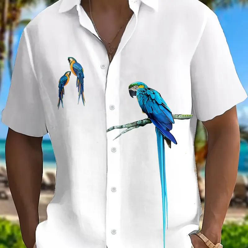 Men's Button-Down Collared Shirt Summer Tropical Hawaiian Shirt Parrot Pattern Short Sleeve Casual Tropical Style Printed Shirt Button Down Top