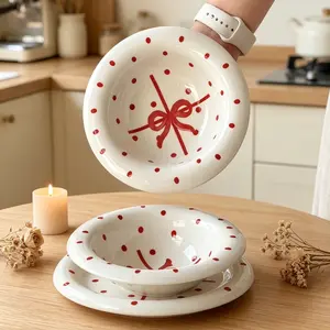 Polka Dot Bow Ceramic Bowls, Hand-Painted Bow, Cute Wide Rim Salad Dessert Bowls, 6.8inch Microwave Safe Serving Bowls for Home Kitchen