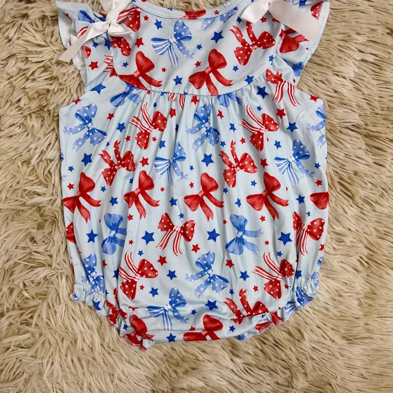 Red blue bows printed American Girl embroidery bubble 4th of july baby romper