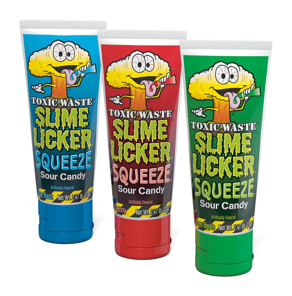 TOXIC WASTE Slime Licker Squeeze - Sour Squeeze Slime Candy Green Apple Blue Razz & Cherry Flavors 2.47 oz Fun Snack