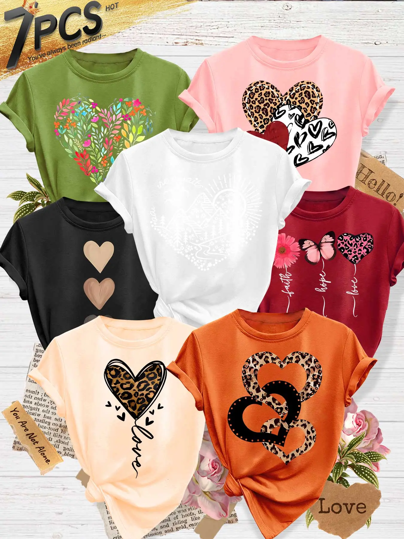 7Pcs Women's Crew Neck T-Shirts, Watercolor Floral Butterfly Heart Print Set, Multiple Colors Available, Machine Washable, Spring & Summer Casual Tops, Soft Skin-Friendly Fabric, Daily Versatile, Fashion Design