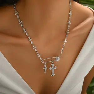 925 Sterling Silver Gothic  Necklace for Women, Industrial Safety Pin Pendant Choker, Hypoallergenic Punk Rock Pave Crystal Double  Link Chain Jewelry Gift cross
