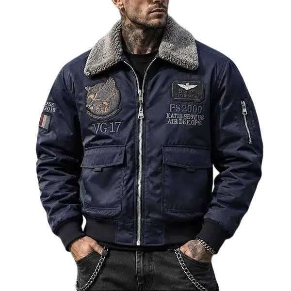 Men’s Vintage Military-Style Embroidered Thick Plush Fabric Air Force Flight Cotton Coat, Menswear Multi-Pocket Fleece-Lined Turn-Down Collar Workwear Jacket for Autumn/Winter Outdoor Casual Wear, Coats