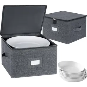 Storage Containers Hard Shell Inside 12" W x 8" H, Dinner Plate Storage Containers for Dishes, Dinnerware with 24 Felt Dividers, Hold 24 Plates, Stackable (2 Pack Grey)