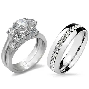 Lanyjewelry His Hers 3 PCS Stainless Steel 3-Stone CZ Wedding Ring Set with Matching All Around CZ Band, Suitable for Special Occasions