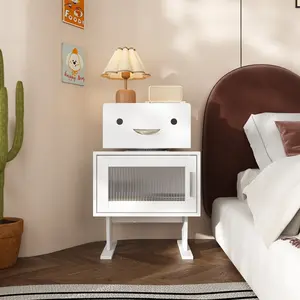 Robot Nightstand Bedside Table Set of 2 Modern 360° Rotating Design with Fluted Glass Door Storage White 15.7”D x 18.9”W x 27.8”H for Bedroom Living Room