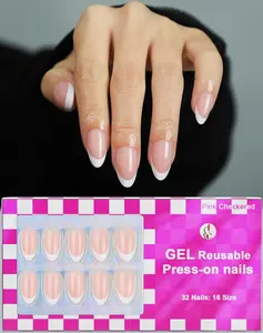 French Almond Gel Press on Nails Short 16 Sizes Fake Nails Glossy 32Pcs, Nail Glue Included OIFEN