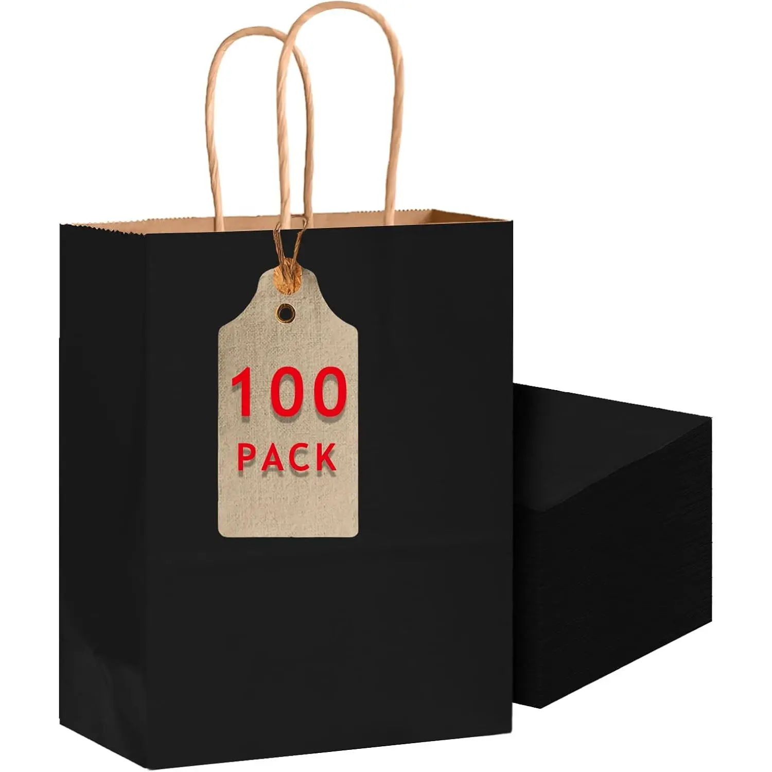 100-Pack Large Size  Paper Bags with Handles Bulk 13"x10.3"x4.6" Black Party  Shopping Bags