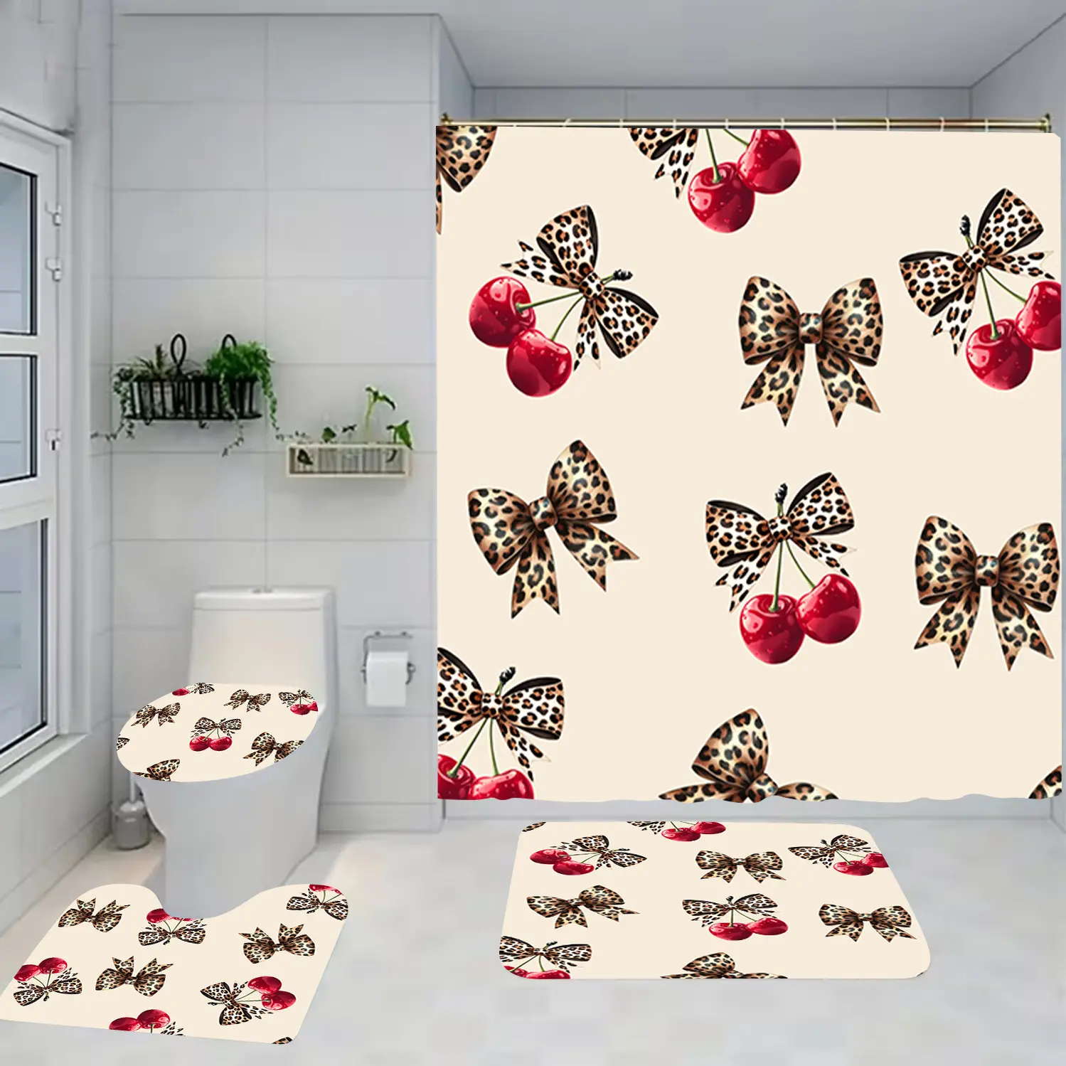 1/4 piece leopard print cherry design Non Slip Bathroom set, Bathroom rug set, including toilet seat cushion, shower curtain, home decor, floor mat with good rebound, water absorption, anti slip