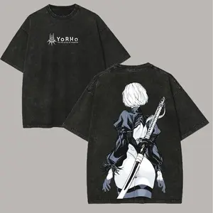 NieRAutomata YoRHa No.2 Type B Washed Short-Sleeve Round Neck T-Shirt, Unisex Oversized High-Quality Crewneck Menswear Top, Suitable for All Seasons, Streetwear Style