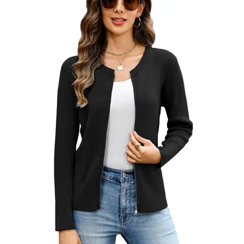 Tacvasen Women's Basic Knit Zip-Up Cardigan Sweater - Lightweight Soft Fitted Solid Crew Neck Long-Sleeve Casual Jackets for Women, All Seasons Cold Wash Back to School Outfits