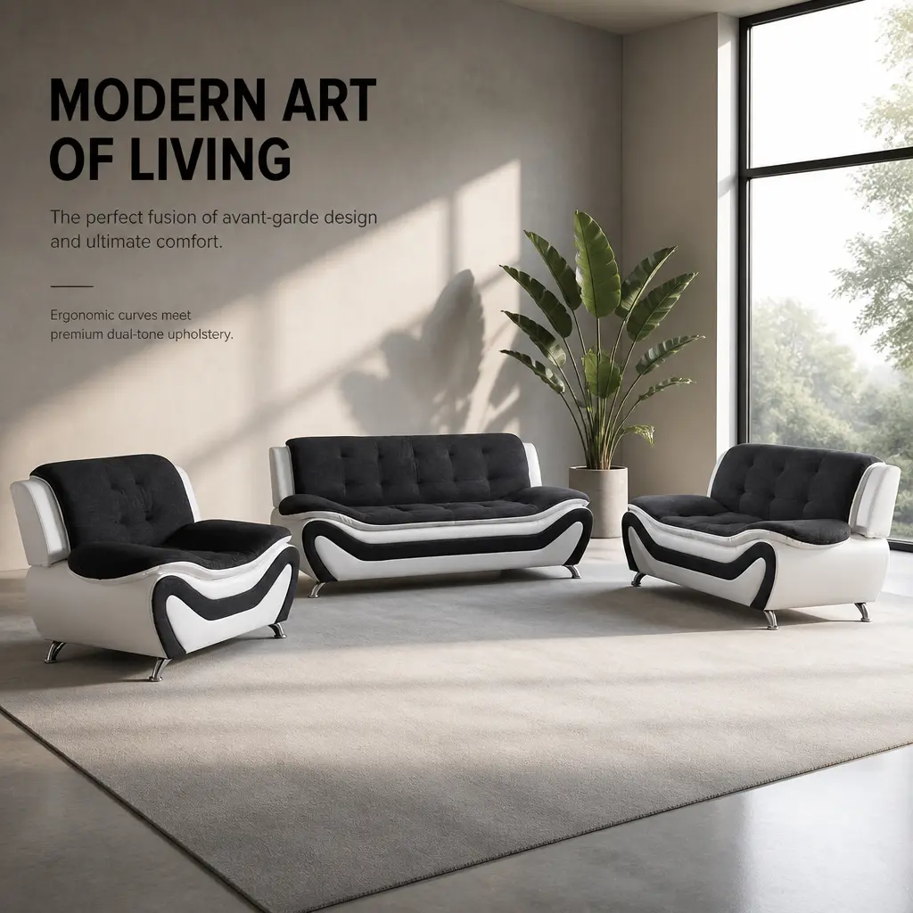 3-Piece Black & White Linen Sofa Set, Indoor Living Room Furniture Couch