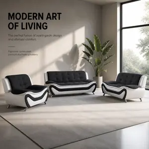 3-Piece Black & White Linen Sofa Set, Indoor Living Room Furniture Couch