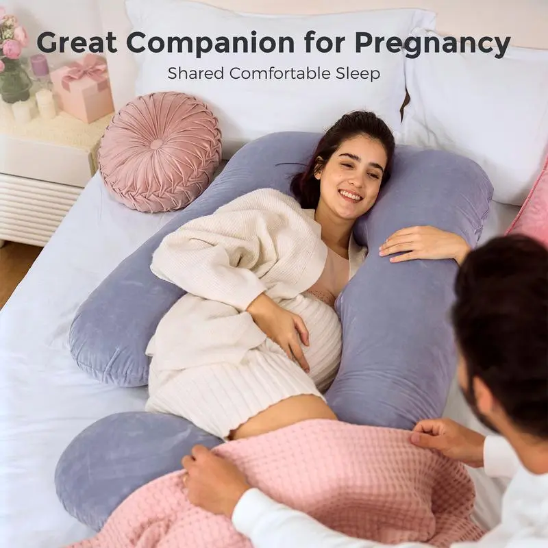 Pregnancy Pillow 57 Inch Full Body - Maternity Sleep Support for Back, Hip & Legs, Removable Washable Cover, Black Grey Velvet