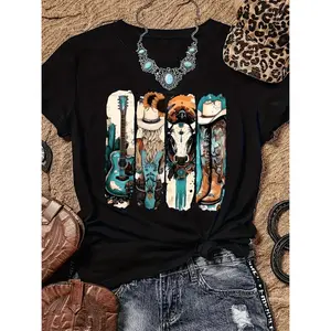 Women's Retro Western Cowboy Print T-Shirt - Short Sleeve Round Neck Top with Cowboy Boots, Hat & Guitar Design, Breathable Semi-Sheer Fabric, Machine Washable Casual Spring Summer Tee, Summer Fashion Top, Lightweight Fabric