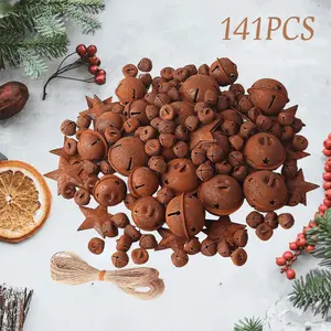 140PCS Christmas Rusty Jingle Bell Rustic Stars Kit Craft for Christmas Tree Ornament Vintage Metal Farmhouse 100 Small Rustic Jingle 20 Star Cutout Bells 20 Metal Star Hanging Ornament 5m Ropes for Hanging DIY Home Wreath