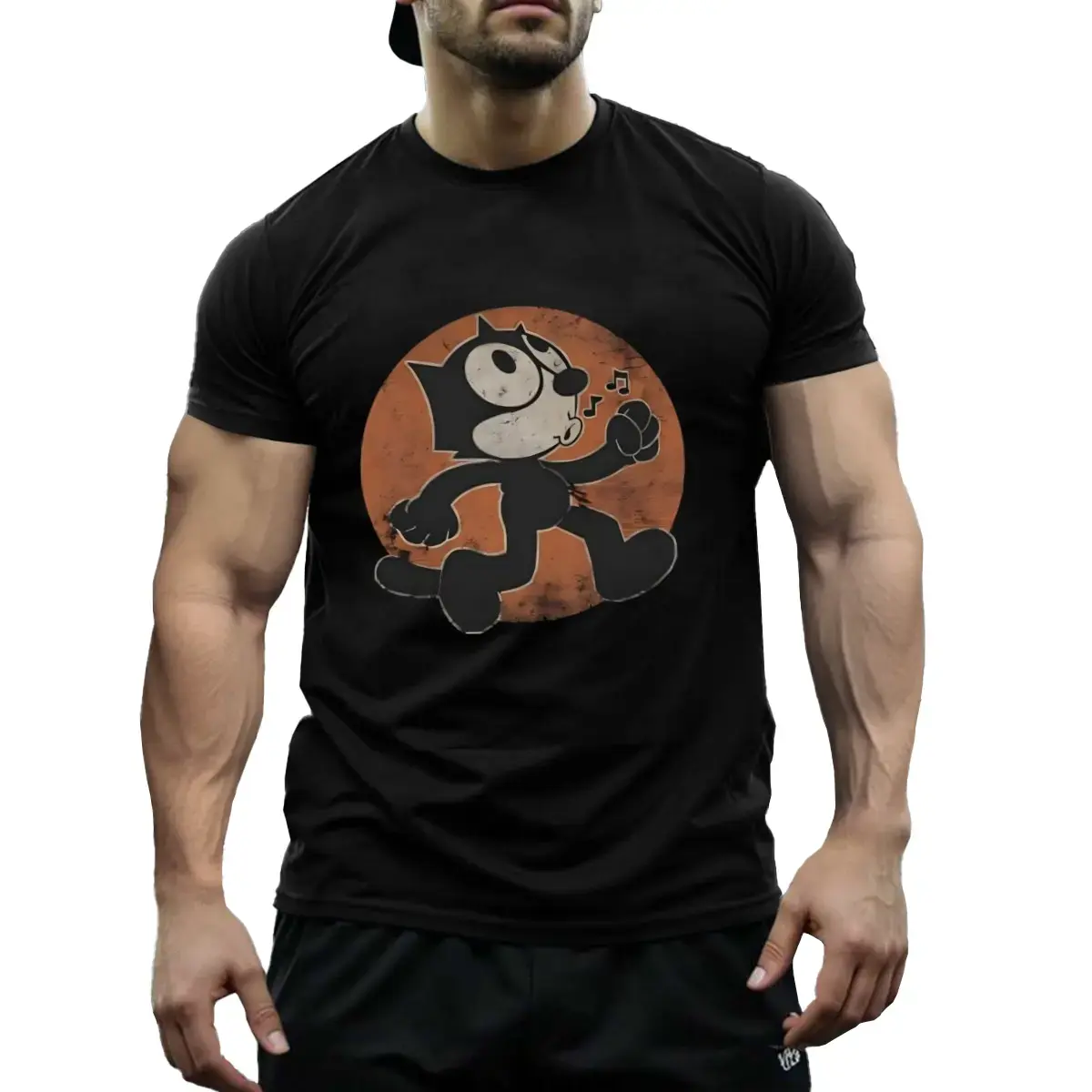 Premium 100% Cotton Vintage Felix The Cat Graphic Mens Tee Classic Black Orange Retro Cartoon Print Loose Comfortable Fit Durable Knit Top Stylish Casual All Season Daily Streetwear Apparel