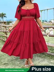【Plus Size】Women's Ruffle Trim Dress, Elegant Classy Flattering Short Sleeve Dress for Party Wedding, Women's Plus Size Clothing for Summer