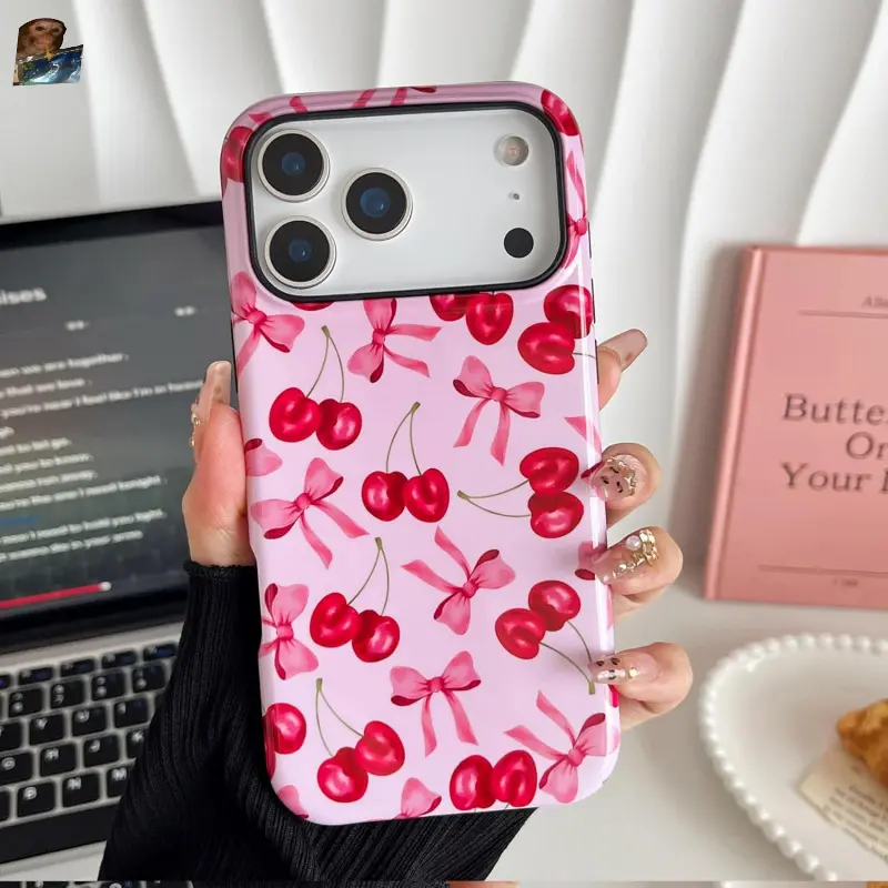 Glossy Compatible with iPhone 17 ProMax Compatible with iPhone 17 Pro Max Case, Cute Pink Cherry Bow Pattern with Shockproof Slim Soft TPU and Hard PC Protective Cover for Women Compatible with iPhone 17 Pro Max Case, Glossy Protection Protector