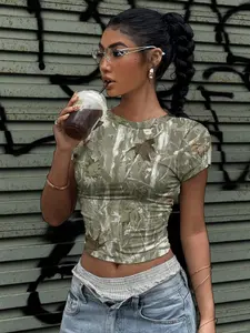 Y2K style camouflage crop top, retro millennium street style Casual Chic women's T-shirt, round neck front shoulder slim fit top, sexy hot girl outfit top, Streetwear, Fashion