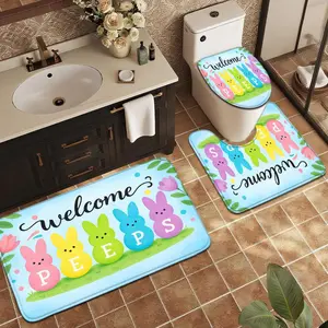 Set of Three Easter PEEPS Bathroom Additions Featuring Five Colorful Bunny Designs, Including a Toilet Mat, a Toilet Seat Cover, And a Non-Slip Absorbent Carpet for Home Entrances laundry room mat living space